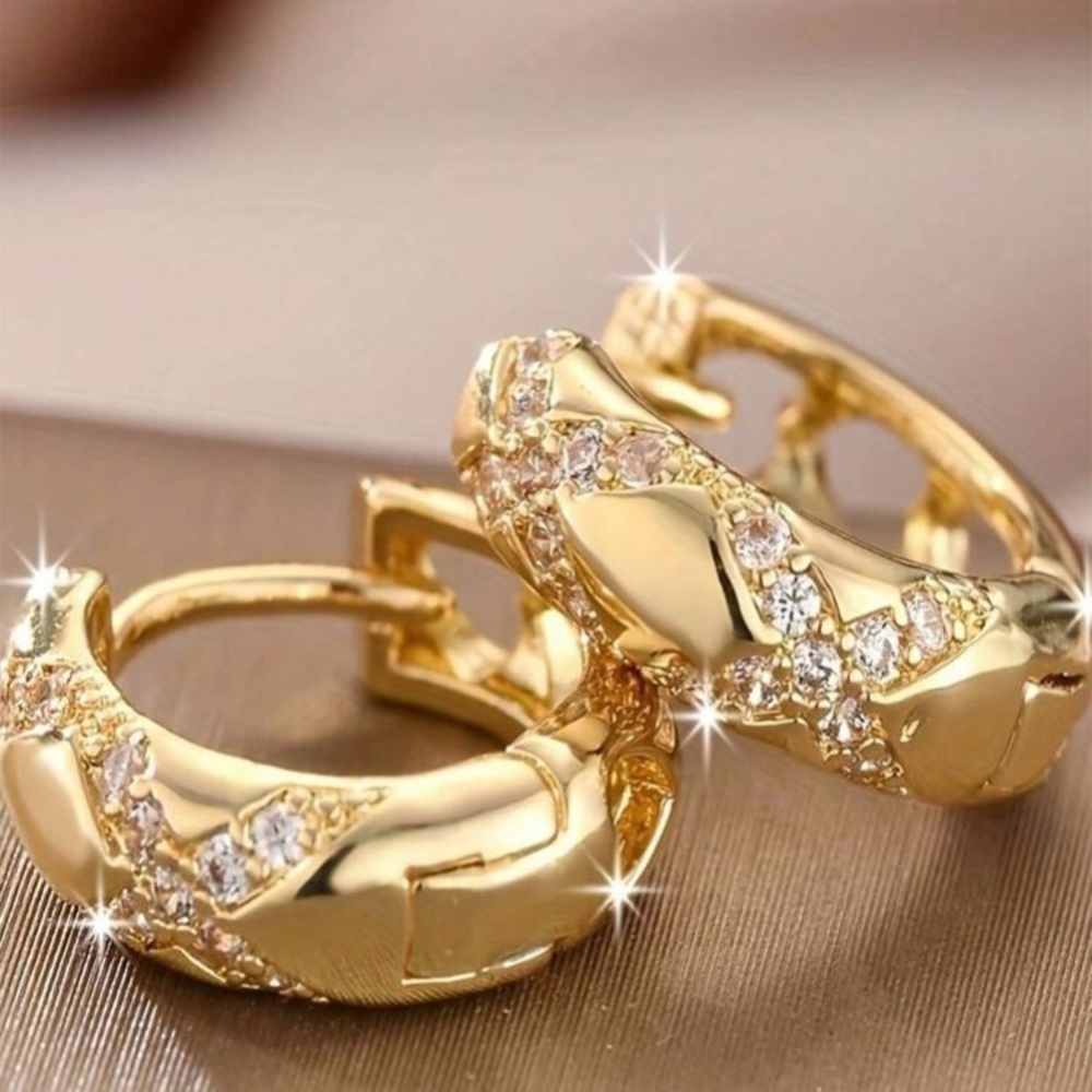 Gold & Rhinestone Huggie Hoop Earrings - Picture 2 of 5